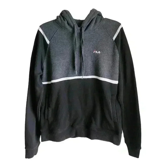 Fila Men’s L Pullover Hoodie Gray Black White Colour Block Embroidered Logo - Picture 1 of 10